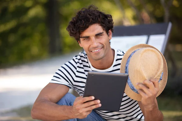 Fashionable Man Tourist Using Digital Tablet Forest — Stock Photo, Image
