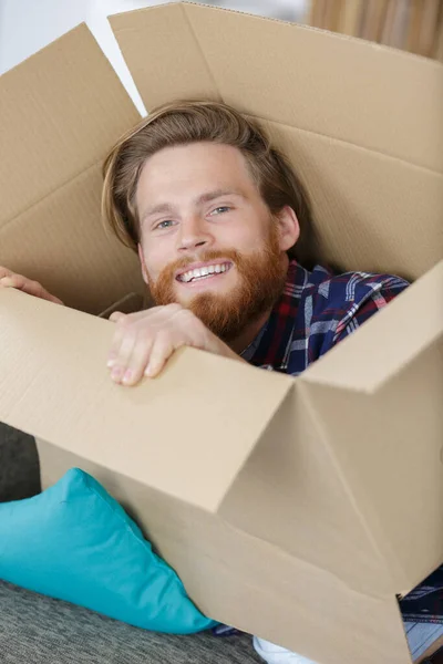 Happy Man Box Instead His Head — Stock Photo, Image