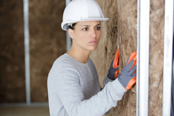 屋内壁断熱工事で女性労働者 — ストック写真