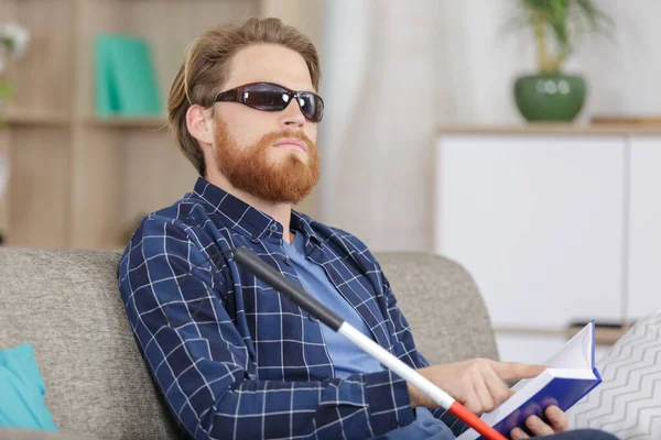 Blind Man Reading Braille Home — Stock Photo, Image