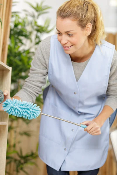 Szczęśliwa Młoda Kobieta Sprzątanie Półki Domu — Zdjęcie stockowe