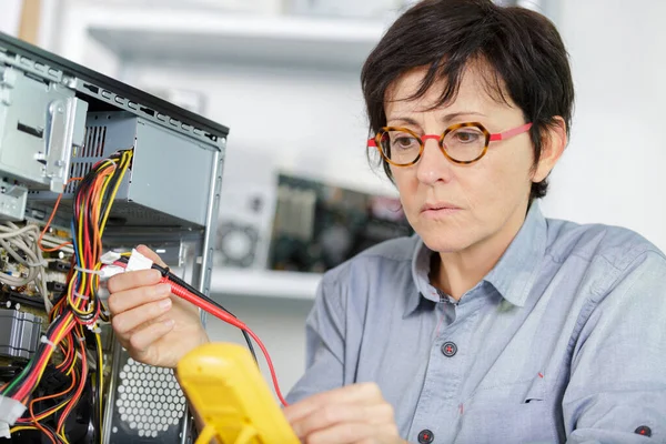 女性がパソコンの電圧をチェックして — ストック写真