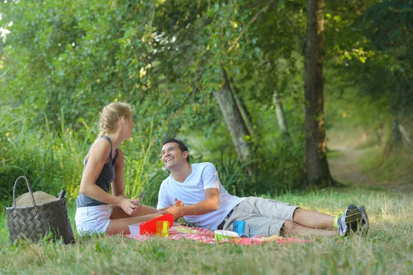 夏の公園の芝生の上に横たわる美しいカップル — ストック写真