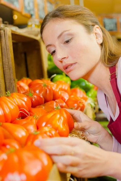 여자가 토마토를 있어요 — 스톡 사진