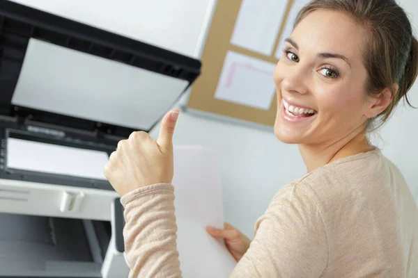 Woman Photocopier Making Thumbs Gesture — Stock Photo, Image