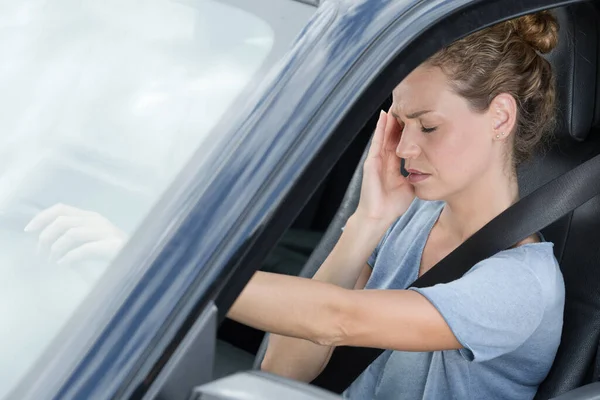 Woman Having Headache Driving Car Traffic Jam — Stock Photo, Image