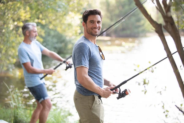 Picture Two Friends Fisherman Fishing River — Stock Photo, Image