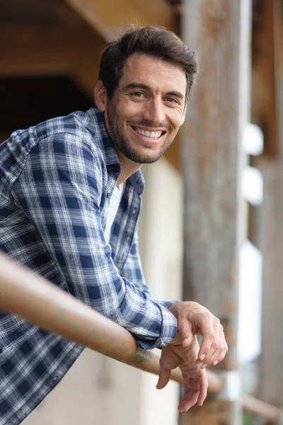 Happy Man Leaning Fence Stable — Stock Photo, Image