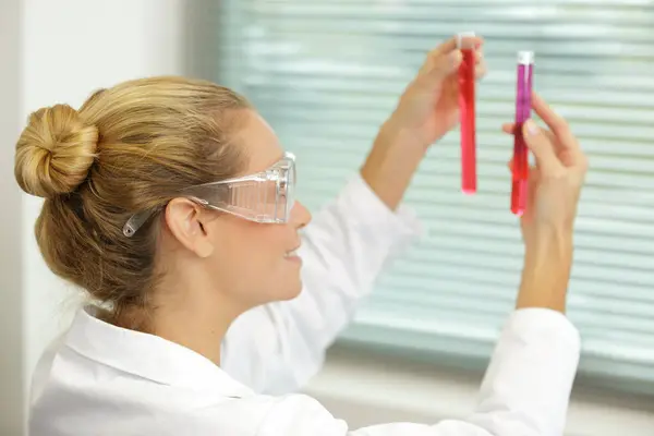 Young Female Scientist Looking Test Tube Containing Liquid — Stock Photo, Image