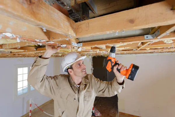 Portrait Male Construction Worker Builder Holding Cordless Drill — Stock Photo, Image