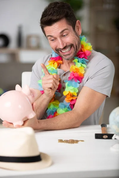 Portrait Man Smiling Holding Piggy Bank — Stock Photo, Image