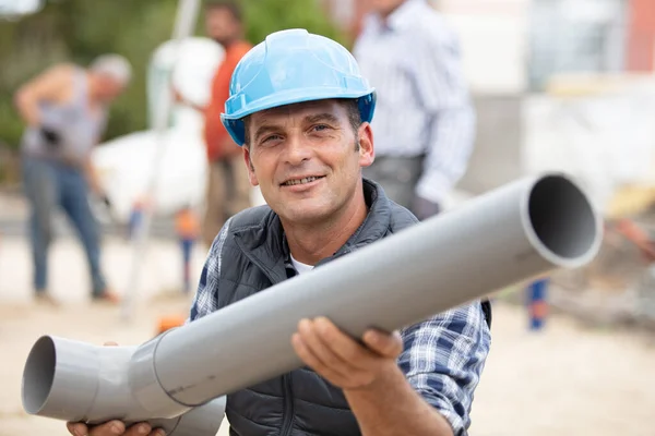 Home Renovation Plumber Fixing Sewerage Pipe Construction Site — Stock Photo, Image