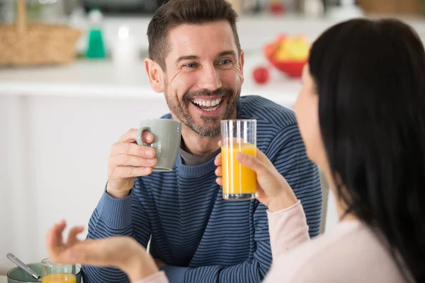 Couple Interacting Laughing While Eating Breakfast — Stock Photo, Image