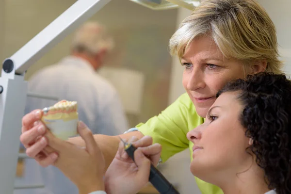 Praktikant Tandtekniker Med Mogen Kollega Som Arbetar Med Proteser — Stockfoto