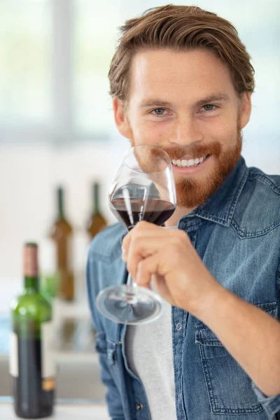 Yakışıklı Beyaz Adam Evde Bir Bardak Şarap Içiyor — Stok fotoğraf