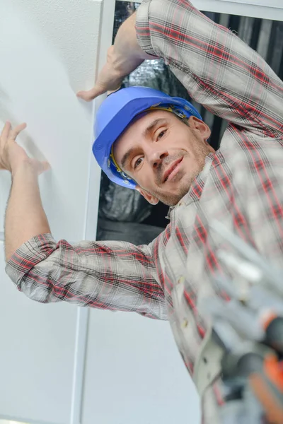 Electricians Working Ceiling Hatch — Stock Photo, Image