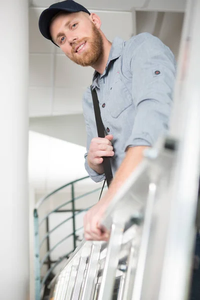 Young Hard Worker Man Ladder Smiling Posing Business Concept — Stock Photo, Image