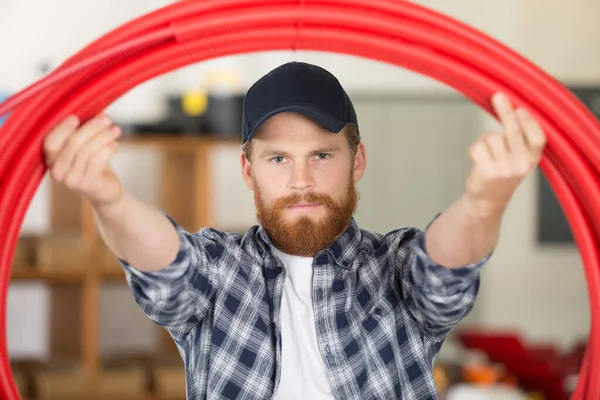 Plumber Showing Pipes Camera — Stock Photo, Image