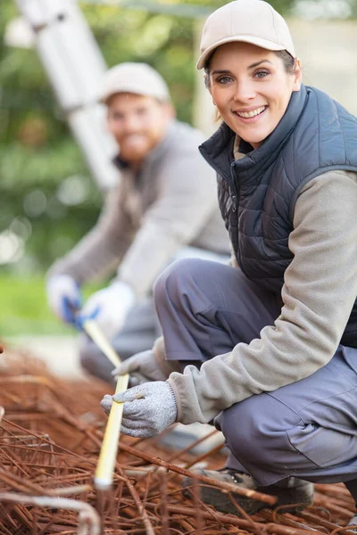 Construction Workers Male Female Building Foundation — Stock Photo, Image