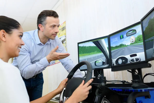 Female Student Trying Drive Simulator — Stock Photo, Image