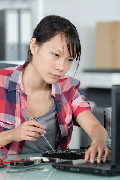 女技术员用螺丝刀修理计算机 — 图库照片