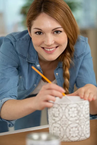Happy Woman Pottery Painting — Stock Photo, Image
