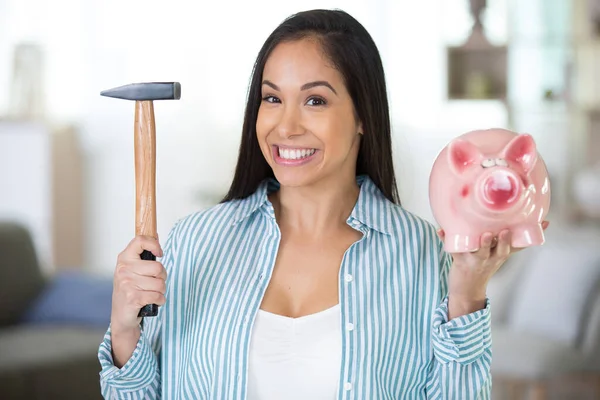 Smiling Woman Casual Clothing Breaking Moneybox Hammer — Stock Photo, Image