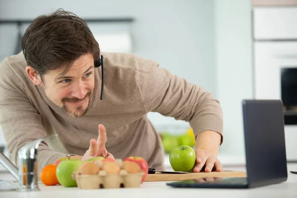 Smiling Happy Man Looking Laptop Making Video Call — Stock Photo, Image