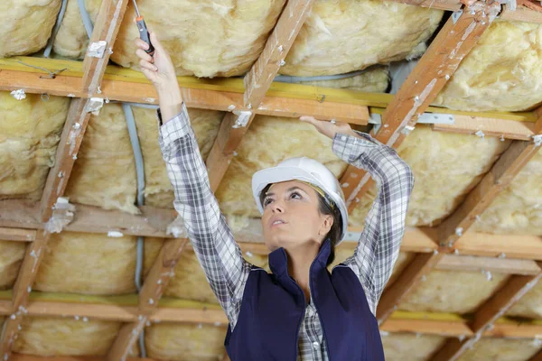 Tavanda Çalışan Kadın Inşaatçı — Stok fotoğraf