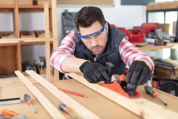 Young Carpenter Work His Workshop — Stock Photo, Image