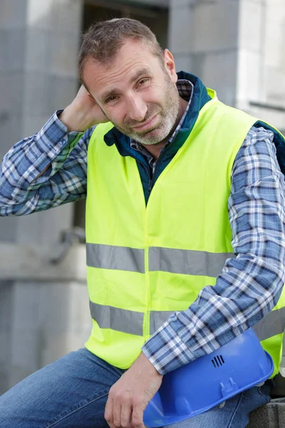 Tired Builder Wipes Sweat His Face — Stock Photo, Image