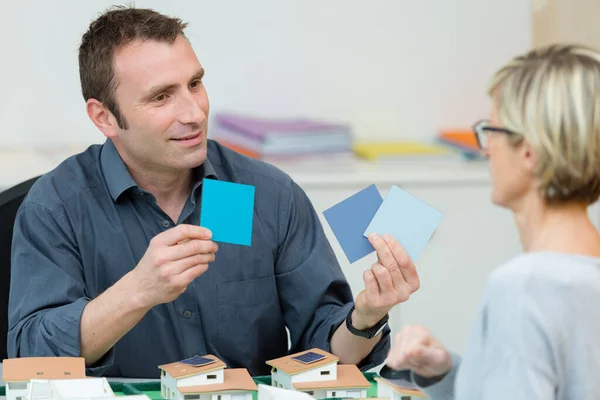 Worker Holding Samples Choosing Color Wall — Stock Photo, Image