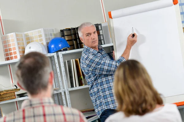 Man Giving Talk Adutls Stood Next Easel Holding Paper — Stock Photo, Image