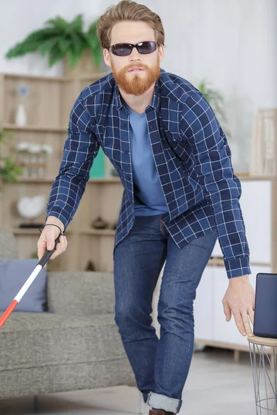 Visually Impaired Man Using Stick Move Home — Stock Photo, Image