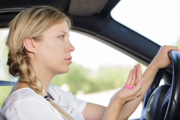 Young Woman Getting Carsickness Pills — Stock Photo, Image
