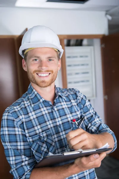 Portrait Young Builder Hardhat — Stock Photo, Image