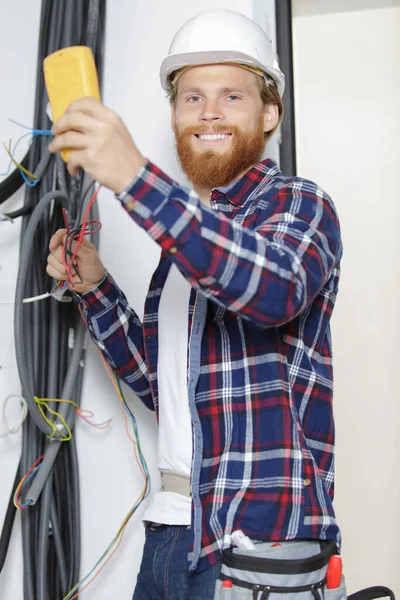 Electrician Testing Wiring Installation Multimeter — Stock Photo, Image