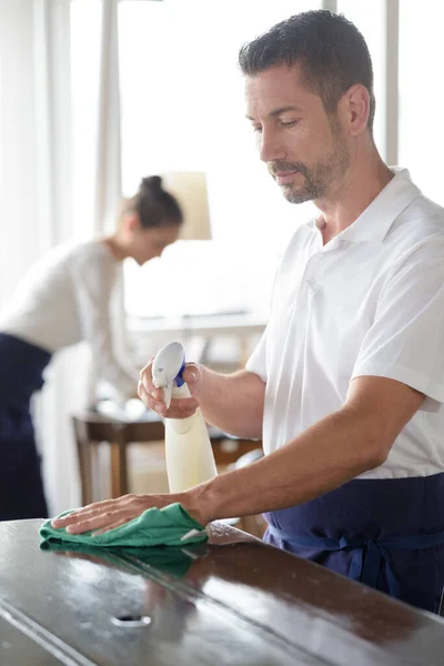 Waiter Cleaning Table Spray Disinfectant Restaurant — Stock Photo, Image