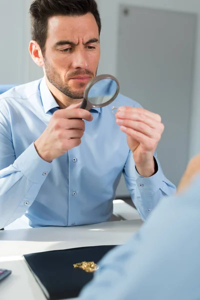 Male Expert Looking Ring Magnifying Glass — Stock Photo, Image
