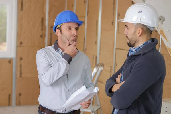 Male Architects Blueprint Working Construction Site — Stock Photo, Image