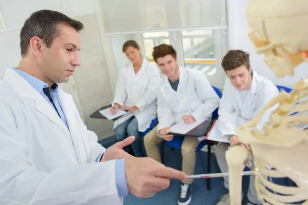 Doctor Lecturing Students Pointing Skeleton — Stock Photo, Image