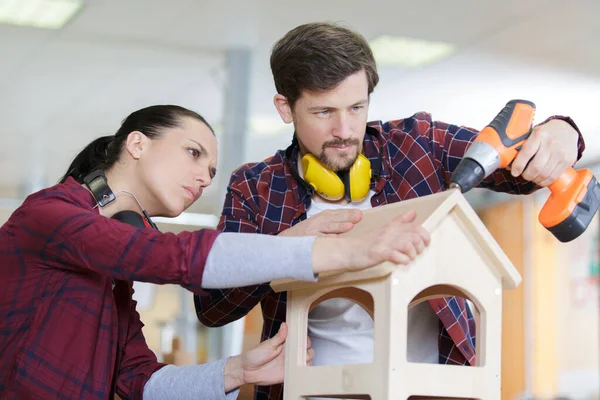 Carpenter Building Wooden Nesting Box Together His Girlfriend — Stock Photo, Image