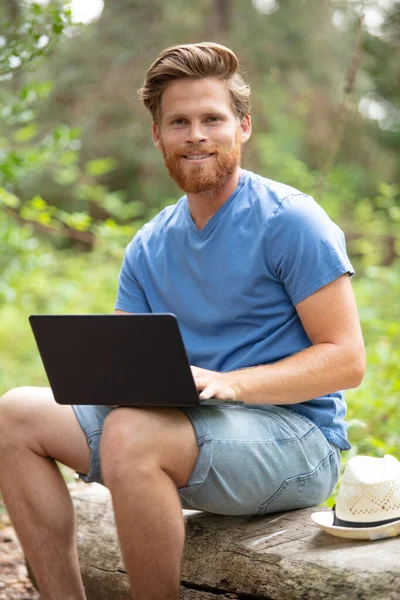 Happy Cheerful Hipster Man Laptop Sitting Outdoors — Stock Photo, Image