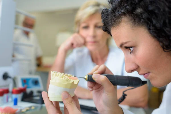 Female Dental Technician Working Implant Mold — Stock Photo, Image