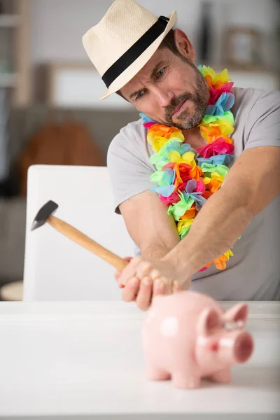 Angry Man Wearing Trying Break Piggy Bank Hammer — Stock Photo, Image