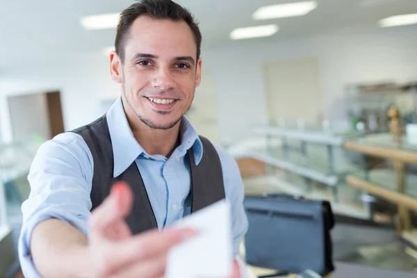 Young Man Handing White Business — Stock Photo, Image