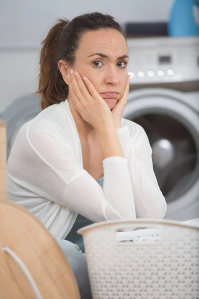 Upset Woman Laudry Room Sitting Ona Floor Clothes — Stock Photo, Image
