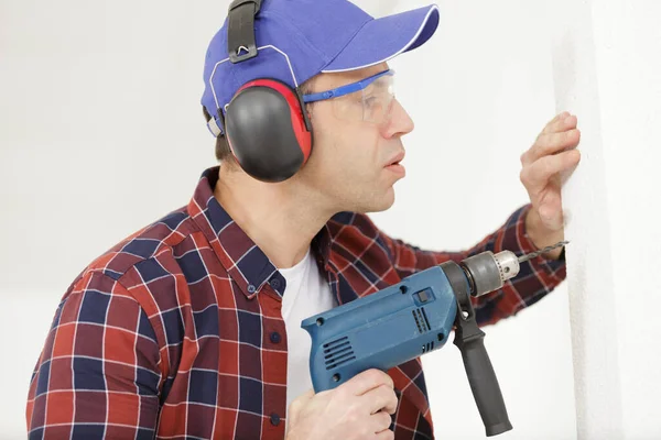 Man Builder Glasses Drill — Stock Photo, Image