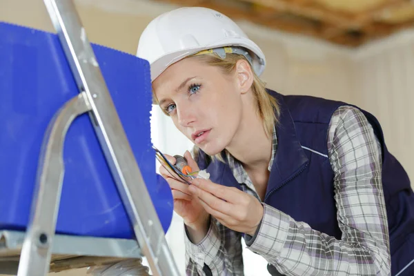 Happy Woman Builder Uniform Helmet Indoor — Stock Photo, Image