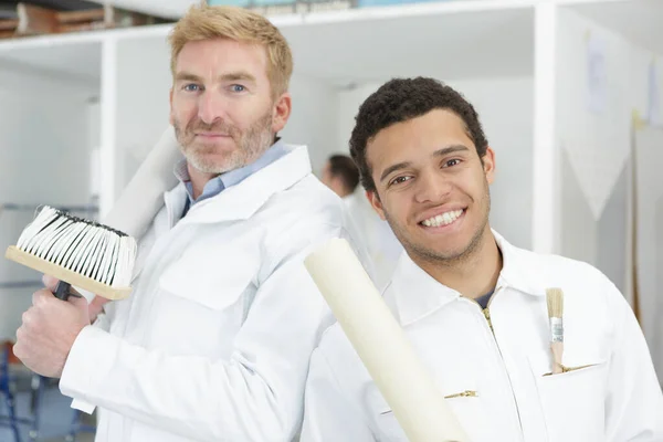 Workers Posing Brush Rolled Wallpaper — Stock Photo, Image